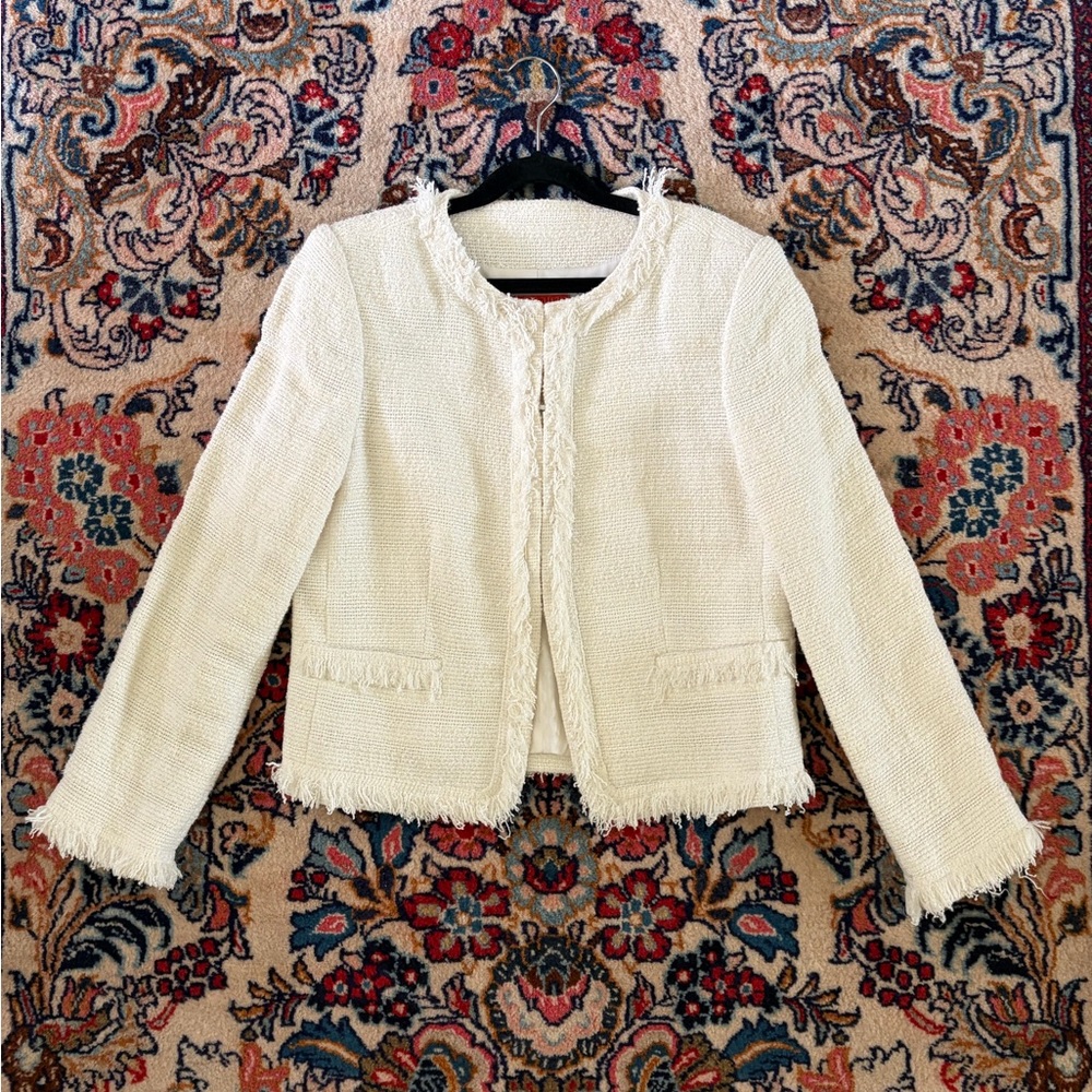 Alice + Olivia White Fringe Tweed Jacket
